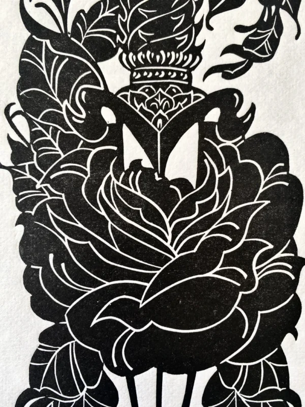 Boomerang - Linocut on black traditional ink on white manufactured medium thick paper - Detail of the rose-SKU123002