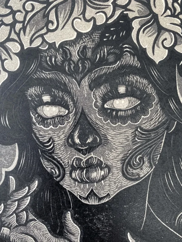 La Llorona - Four-layers reduction linocut - Traditional ink on cold-pressed manufactured paper - Detail of the face-SKU123006