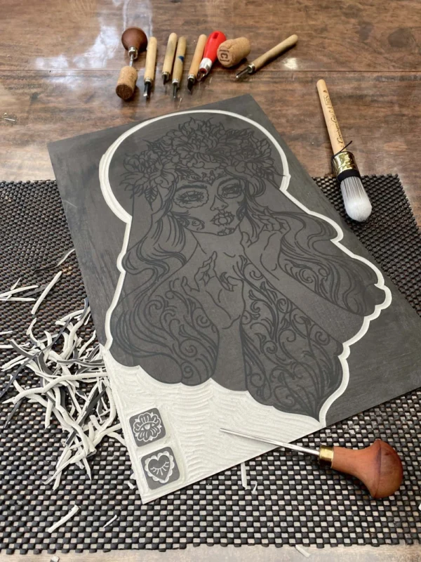 La Llorona - Four-layers reduction linocut - Traditional ink on cold-pressed manufactured paper - Detail of the matrix-SKU123006