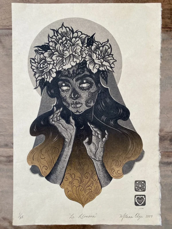 La Llorona - Four-layers reduction linocut - Traditional ink on cold-pressed manufactured paper - Full Image-SKU123006