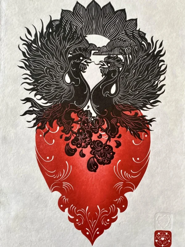 Lovers - Two-layer linocut print on traditional black and red ink on white manufactured medium thick paper - Product Image-SKU123004