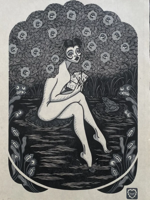 printed sheet of a linocut reduction of a woman sitting on a pond looking holding a set of cards and a frog looking at her, her hair is curly and full of flowers with eyes.